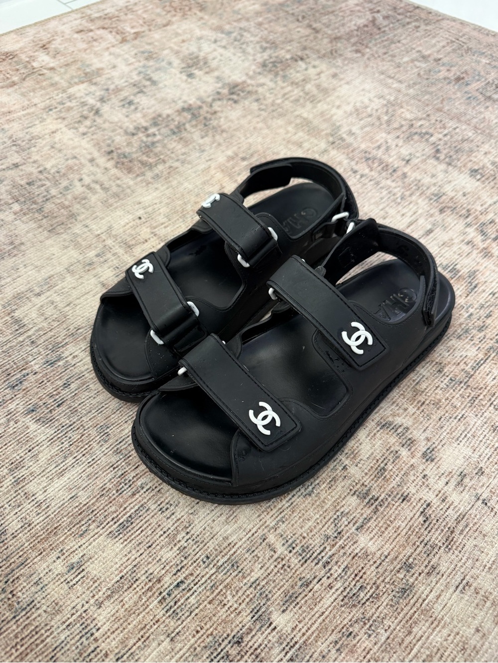 Black Designer Logo Strap Sandals